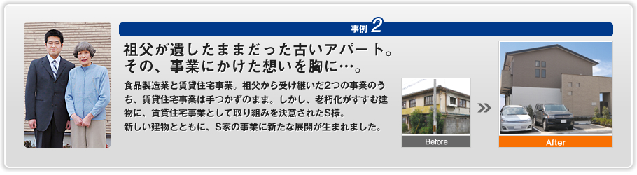 祖父が遺したままだった古いアパート。その、事業にかけた想いを胸に…。食品製造業と賃貸住宅事業。祖父から受け継いだ2つの事業のうち、賃貸住宅事業は手つかずのまま。しかし、老朽化がすすむ建物に、賃貸住宅事業として取り組みを決意されたS様。新しい建物とともに、S家の事業に新たな展開が生まれました。